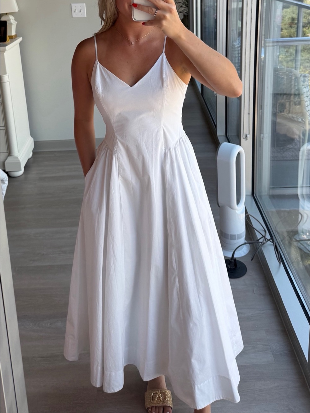 Aritzia Technique Poplin Dress inWhite Spaghetti-Strap Midi